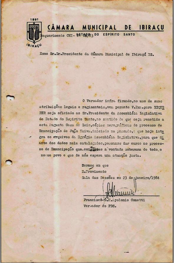 Requerimento que desarquivou e deu andamento ao processo de emancipação.