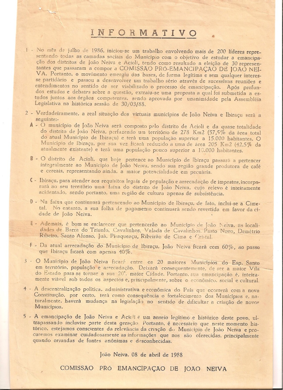 Documento da época sobre a “Comissão Pró-Emancipação de João Neiva”.